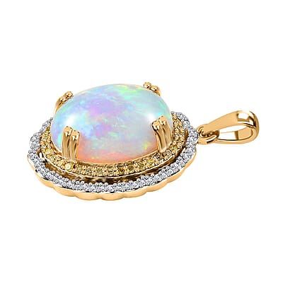 Luxoro 14K Yellow Gold AAA Ethiopian Welo Opal, I3 Natural Yellow and White Diamond Pendant 3.75 Grams 7.80 ctw