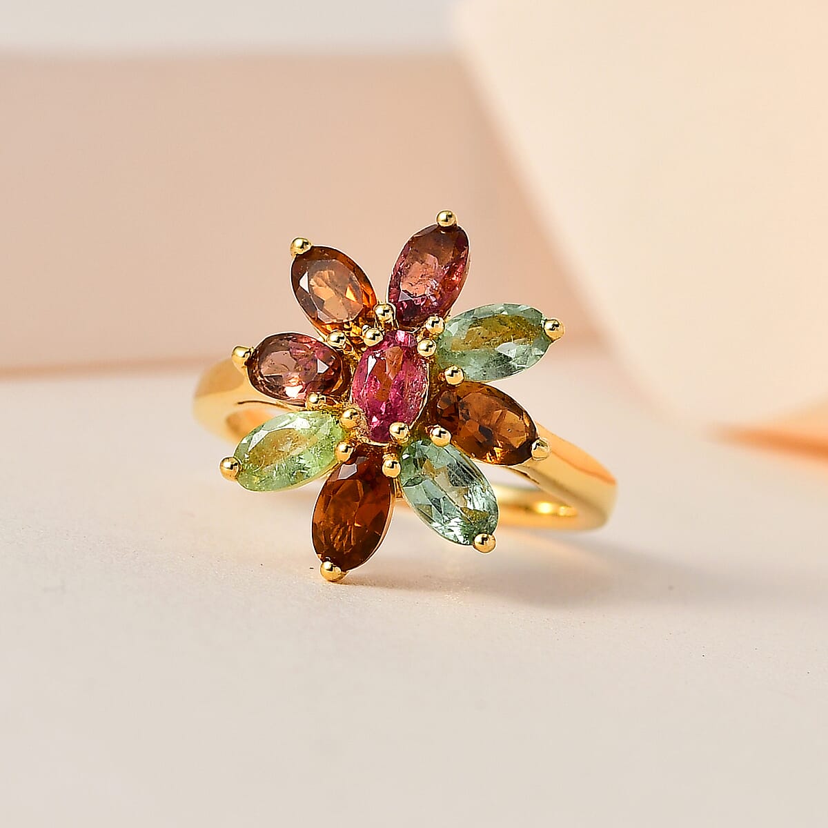 Multi-Tourmaline Floral Ring in Vermeil Yellow Gold Over Sterling Silver (Size 5.0) 2.10 ctw image number 1