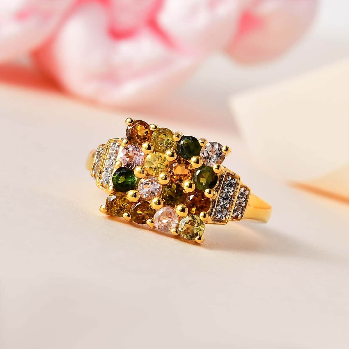 Multi-Tourmaline and White Zircon Ring in Vermeil Yellow Gold Over Sterling Silver 1.15 ctw image number 1