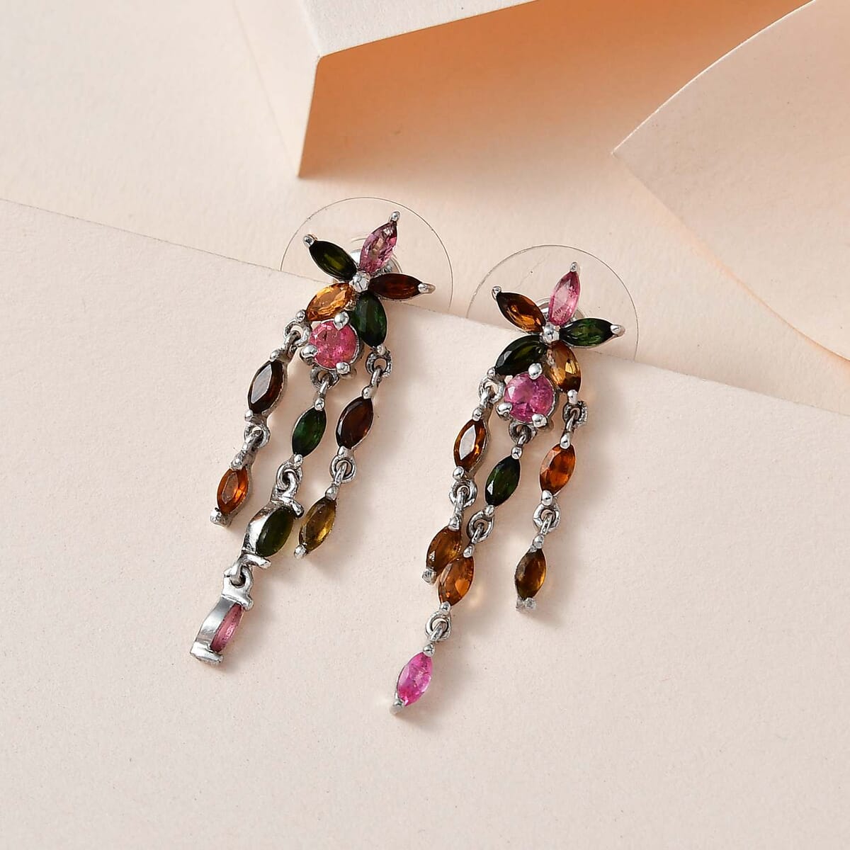 Multi-Tourmaline Floral Dangle Earrings in Platinum Over Sterling Silver 2.35 ctw image number 1