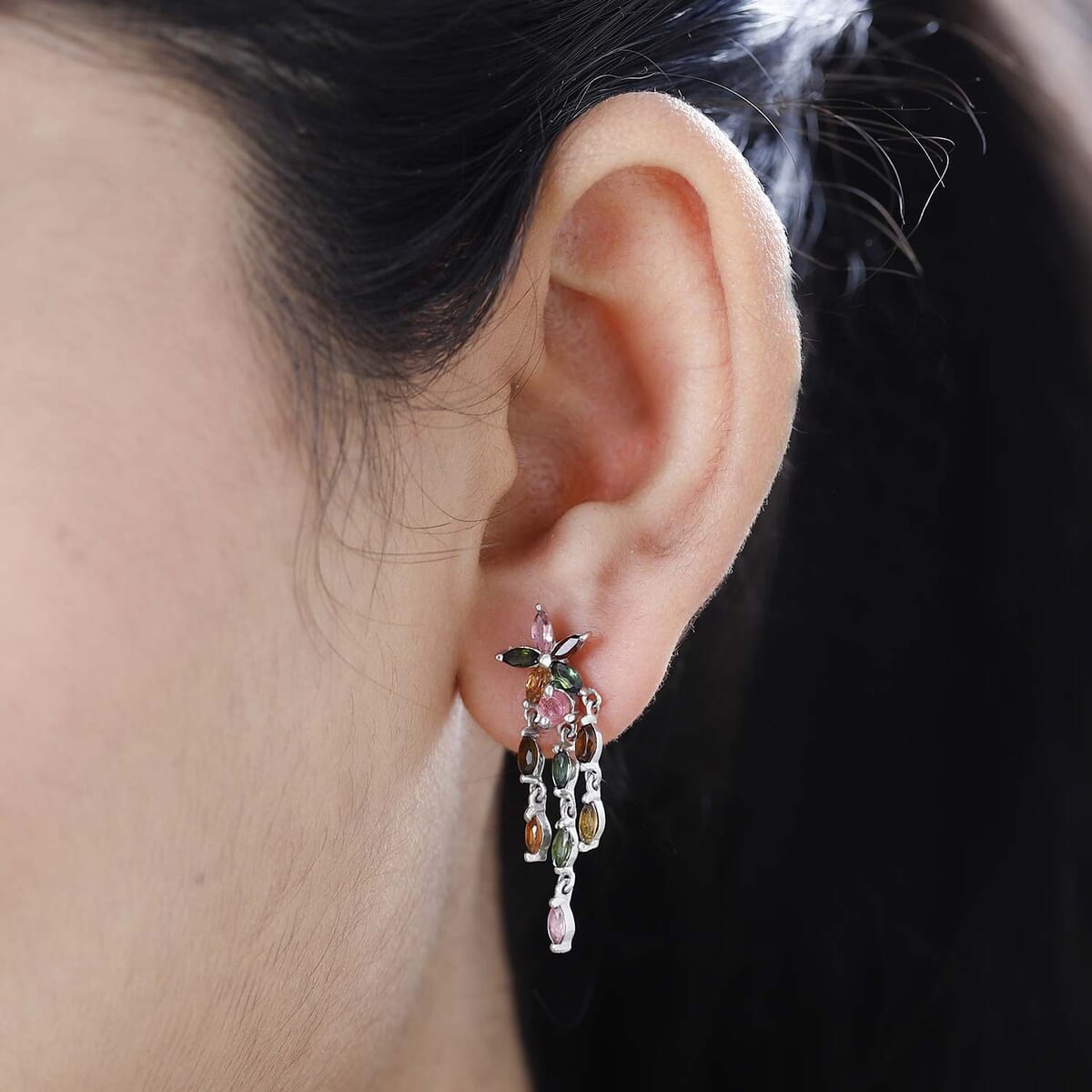 Multi-Tourmaline Floral Dangle Earrings in Platinum Over Sterling Silver 2.35 ctw image number 2