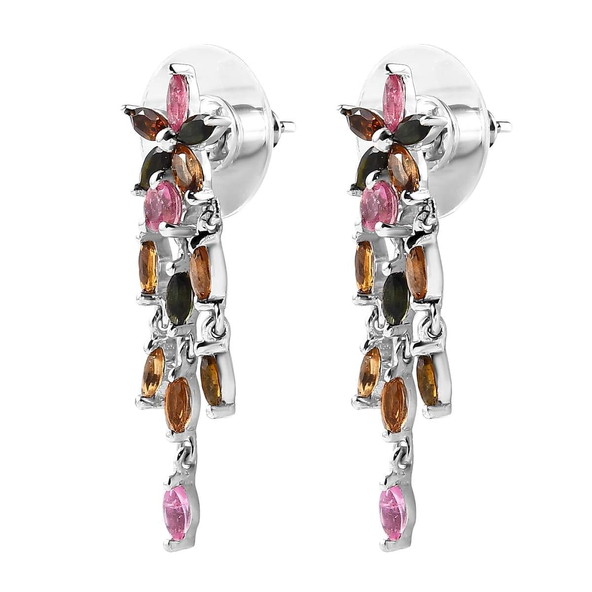 Multi-Tourmaline Floral Dangle Earrings in Platinum Over Sterling Silver 2.35 ctw image number 3