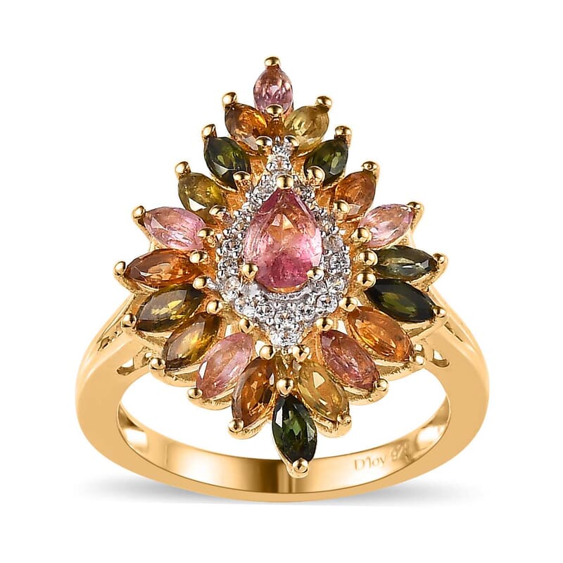 Multi-Tourmaline and White Zircon Floral Spray Ring in Vermeil Yellow Gold Over Sterling Silver (Size 10.0) 2.25 ctw