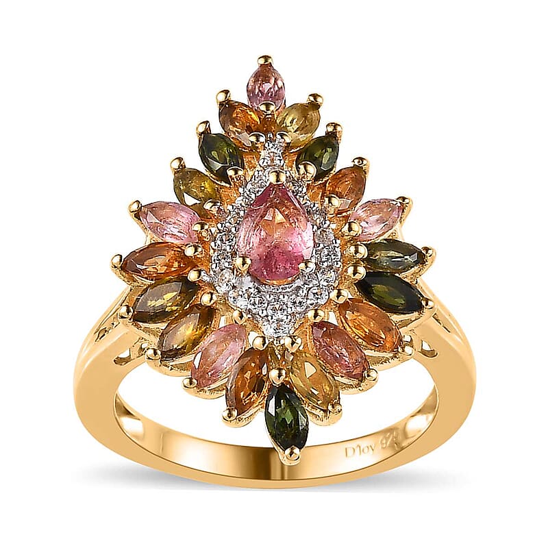 Multi-Tourmaline and White Zircon Floral Spray Ring in Vermeil Yellow Gold Over Sterling Silver (Size 10.0) 2.25 ctw