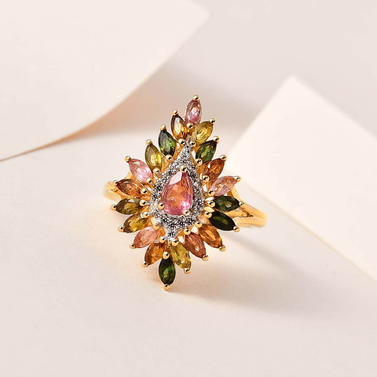 Multi-Tourmaline and White Zircon Floral Sparkle Ring in Vermeil Yellow Gold Over Sterling Silver (Size 10.0) 2.25 ctw image number 1