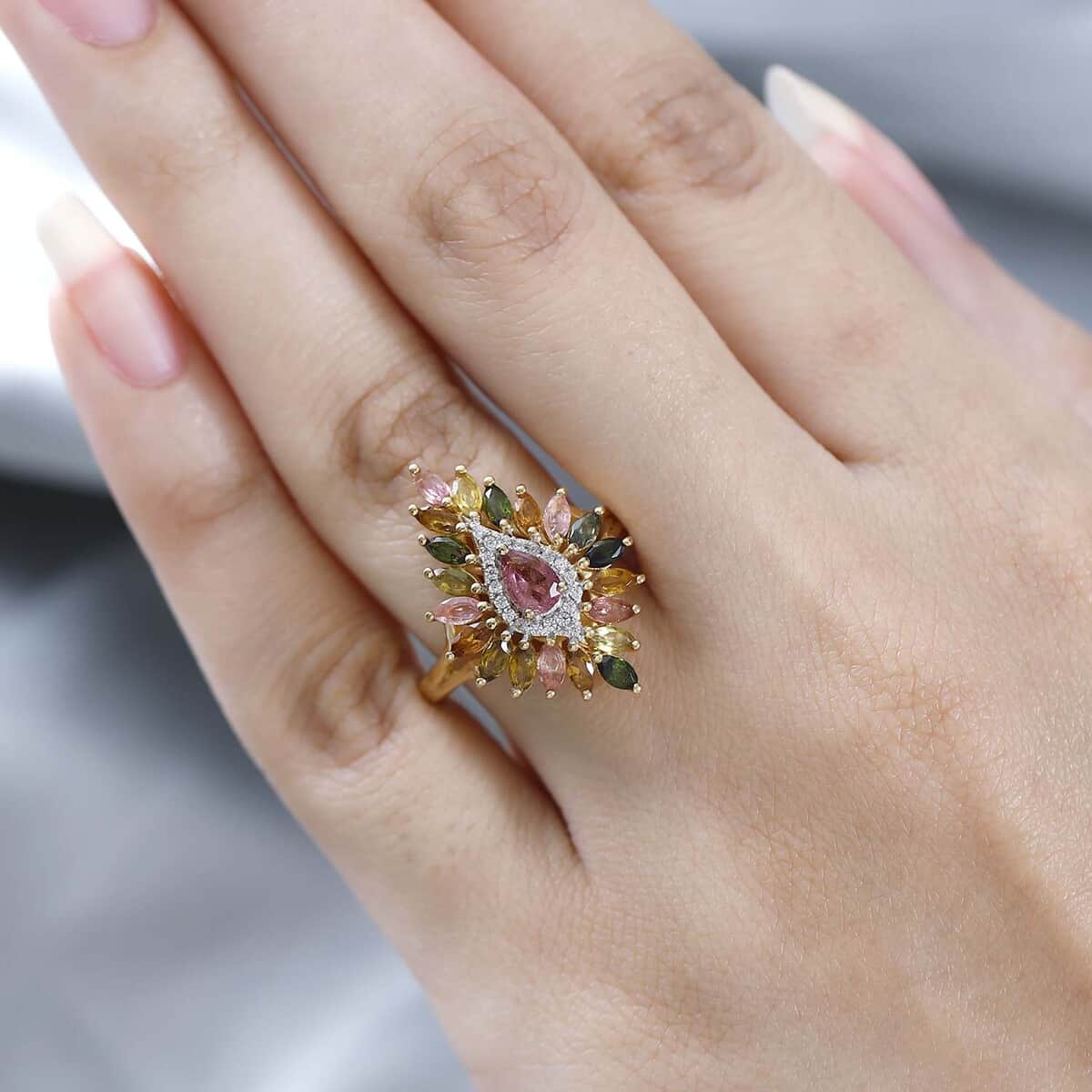 Multi-Tourmaline and White Zircon Floral Sparkle Ring in Vermeil Yellow Gold Over Sterling Silver (Size 10.0) 2.25 ctw image number 2