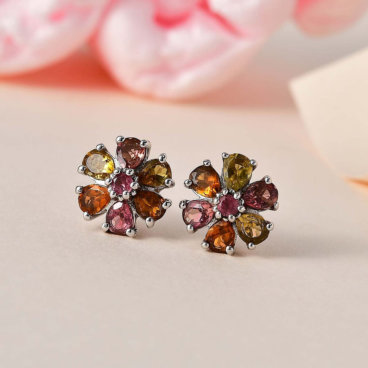 Multi-Tourmaline Floral Stud Earrings in Platinum Over Sterling Silver 1.70 ctw image number 1
