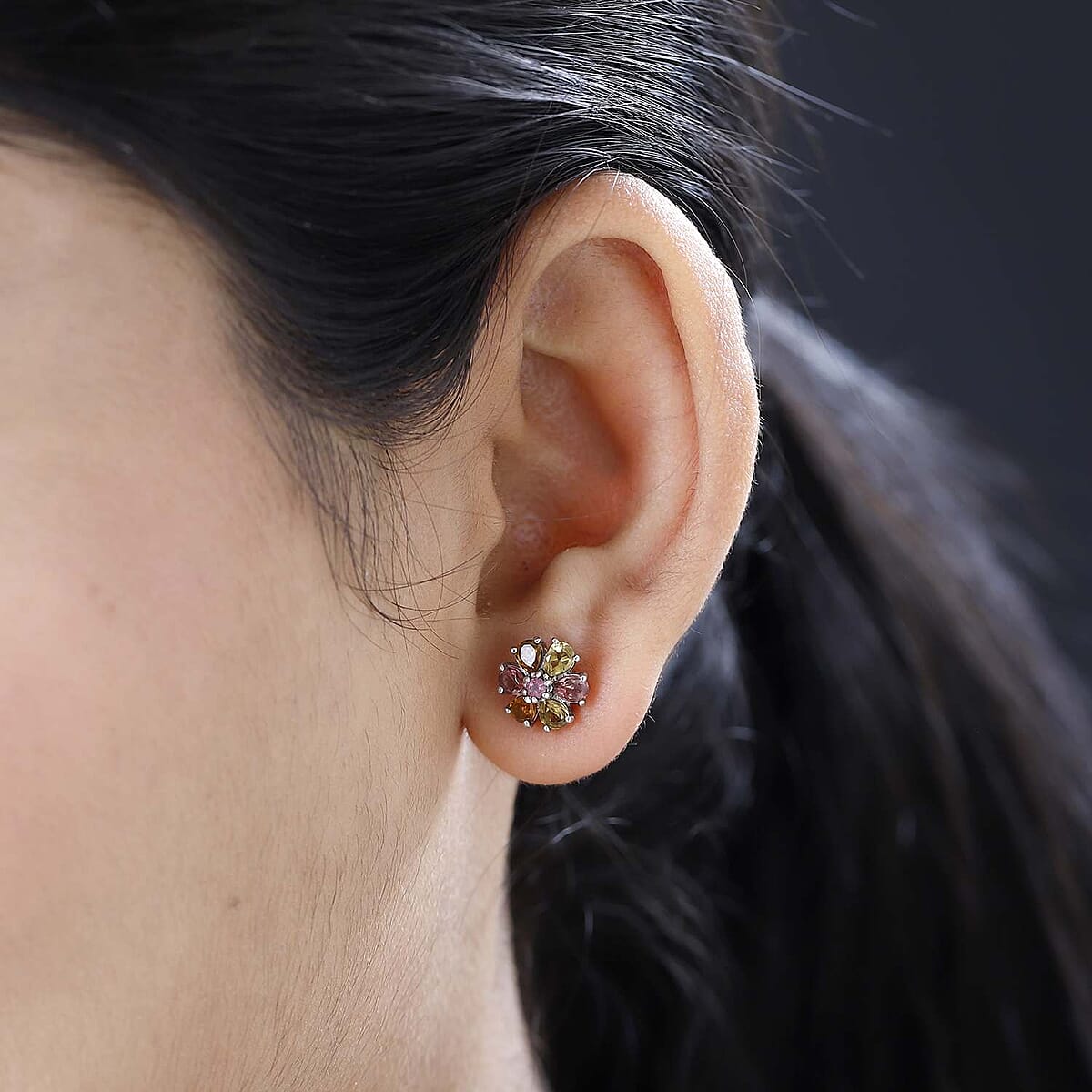 Multi-Tourmaline Floral Stud Earrings in Platinum Over Sterling Silver 1.70 ctw image number 2
