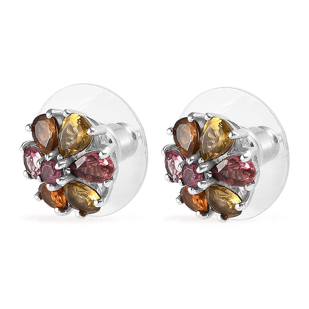 Multi-Tourmaline Floral Stud Earrings in Platinum Over Sterling Silver 1.70 ctw image number 3