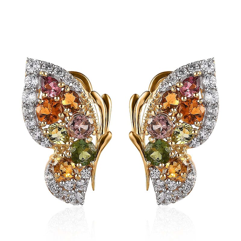 Multi-Tourmaline and White Zircon Butterfly Earrings in Vermeil Yellow Gold Over Sterling Silver 4.10 ctw