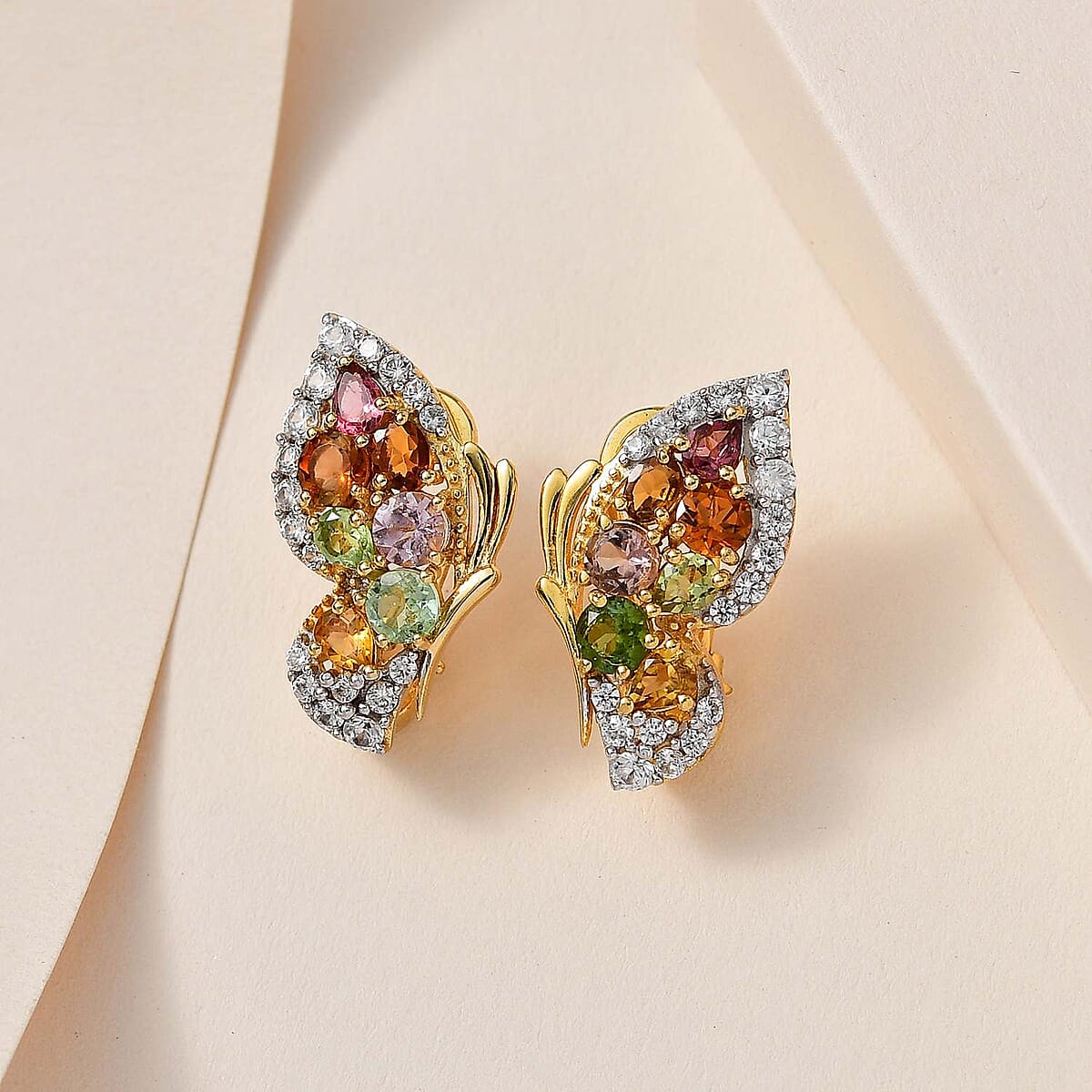 Multi-Tourmaline and White Zircon Butterfly Earrings in Vermeil Yellow Gold Over Sterling Silver 4.10 ctw image number 1