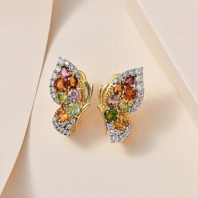 Multi-Tourmaline and White Zircon Butterfly Earrings in Vermeil Yellow Gold Over Sterling Silver 4.10 ctw