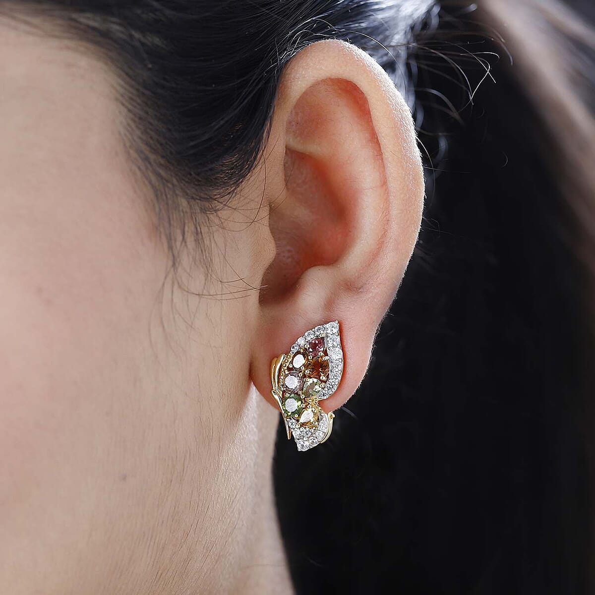 Multi-Tourmaline and White Zircon Butterfly Earrings in Vermeil Yellow Gold Over Sterling Silver 4.10 ctw image number 2