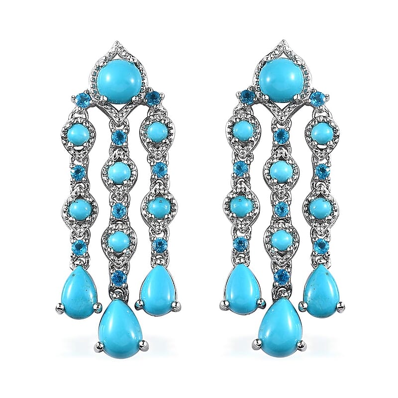 Sleeping Beauty Turquoise and Malgache Neon Apatite Dangling Earrings in Platinum Over Sterling Silver 6.00 ctw