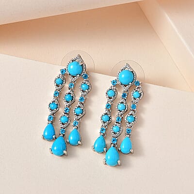 Sleeping Beauty Turquoise and Malgache Neon Apatite Dangling Earrings in Platinum Over Sterling Silver 6.00 ctw