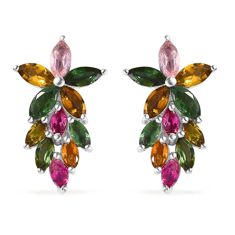 Multi-Tourmaline Dangle Earrings in Platinum Over Sterling Silver 2.40 ctw