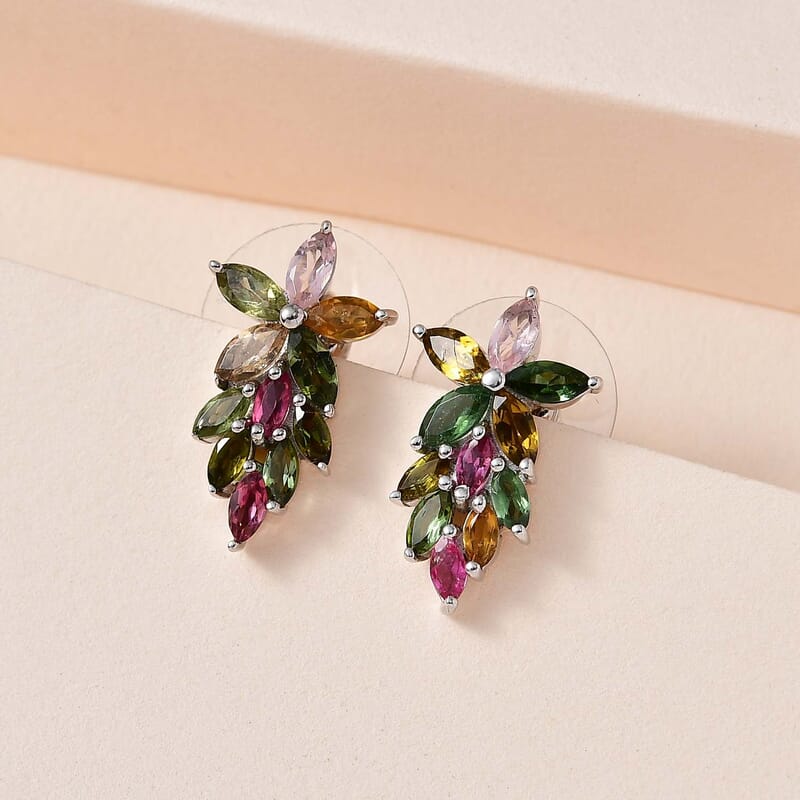 Multi-Tourmaline Dangle Earrings in Platinum Over Sterling Silver 2.40 ctw