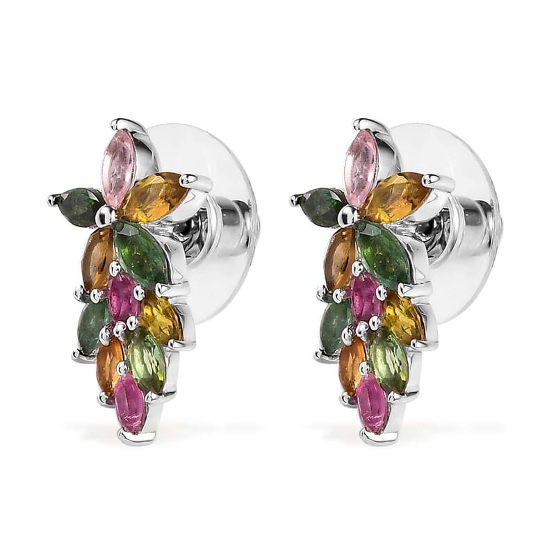 Multi-Tourmaline Dangle Earrings in Platinum Over Sterling Silver 2.40 ctw