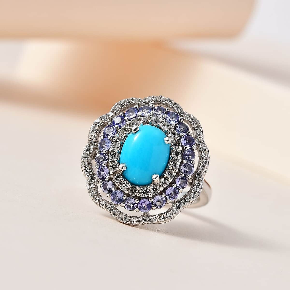 Sleeping Beauty Turquoise and Multi Gemstone Floral Ring in Platinum Over Sterling Silver (Size 10.0) 3.25 ctw image number 1