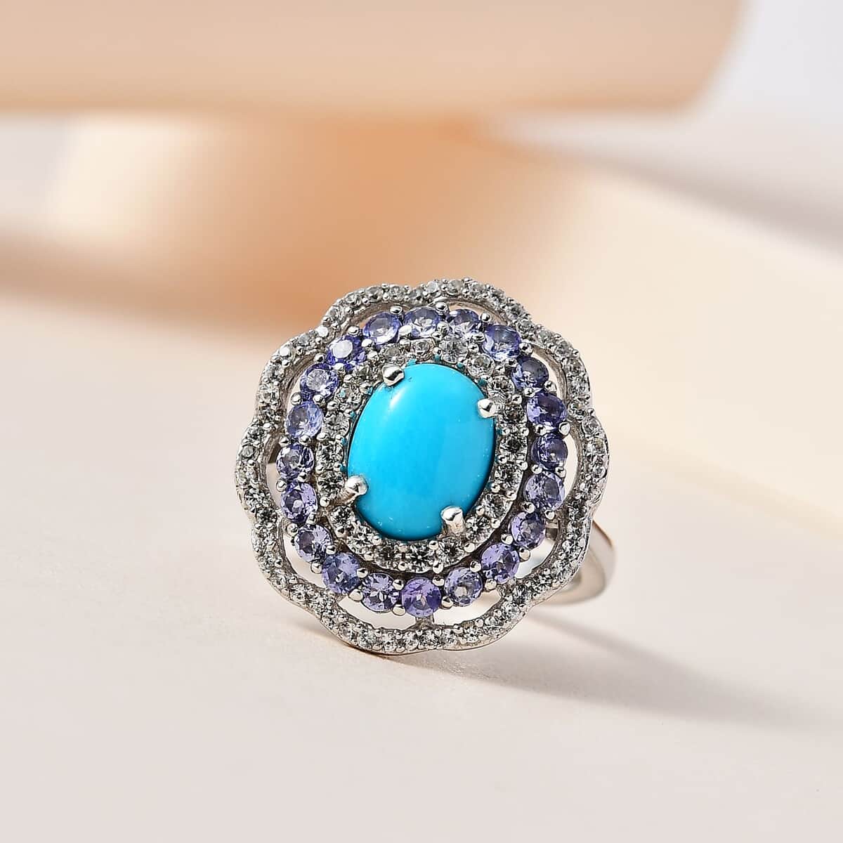 Sleeping Beauty Turquoise and Multi Gemstone Floral Ring in Platinum Over Sterling Silver (Size 7.0) 3.25 ctw image number 1