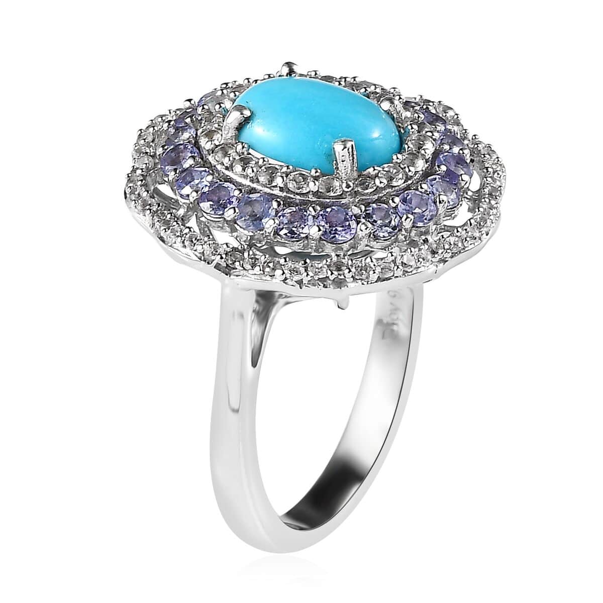 Sleeping Beauty Turquoise and Multi Gemstone Floral Ring in Platinum Over Sterling Silver (Size 7.0) 3.25 ctw image number 3