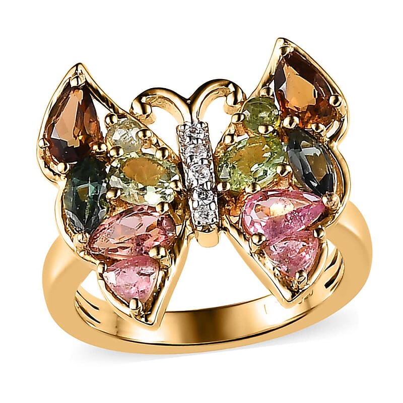 Multi-Tourmaline and White Zircon Butterfly Ring in Vermeil Yellow Gold Over Sterling Silver (Size 10.0) 1.60 ctw