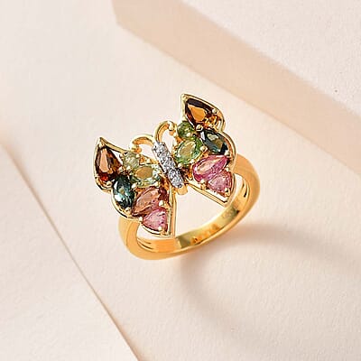 Multi-Tourmaline and White Zircon Butterfly Ring in Vermeil Yellow Gold Over Sterling Silver (Size 10.0) 1.60 ctw