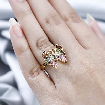 Multi-Tourmaline and White Zircon Butterfly Ring in Vermeil Yellow Gold Over Sterling Silver (Size 10.0) 1.60 ctw