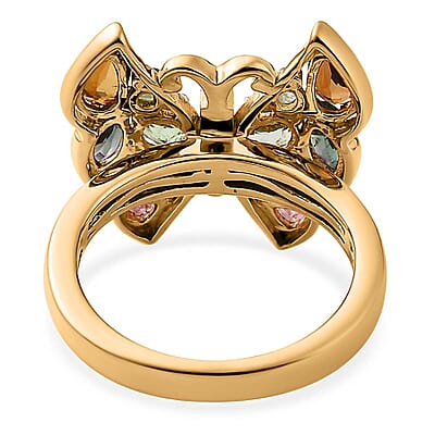 Multi-Tourmaline and White Zircon Butterfly Ring in Vermeil Yellow Gold Over Sterling Silver (Size 10.0) 1.60 ctw