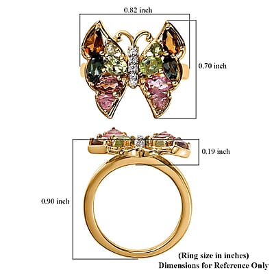 Multi-Tourmaline and White Zircon Butterfly Ring in Vermeil Yellow Gold Over Sterling Silver (Size 10.0) 1.60 ctw