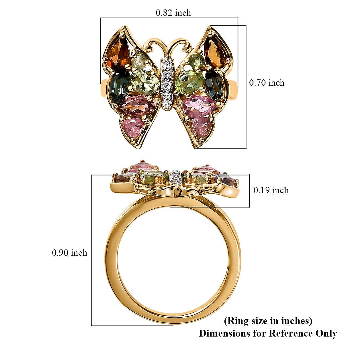 Multi-Tourmaline and White Zircon Butterfly Ring in Vermeil Yellow Gold Over Sterling Silver (Size 5.0) 1.60 ctw image number 5