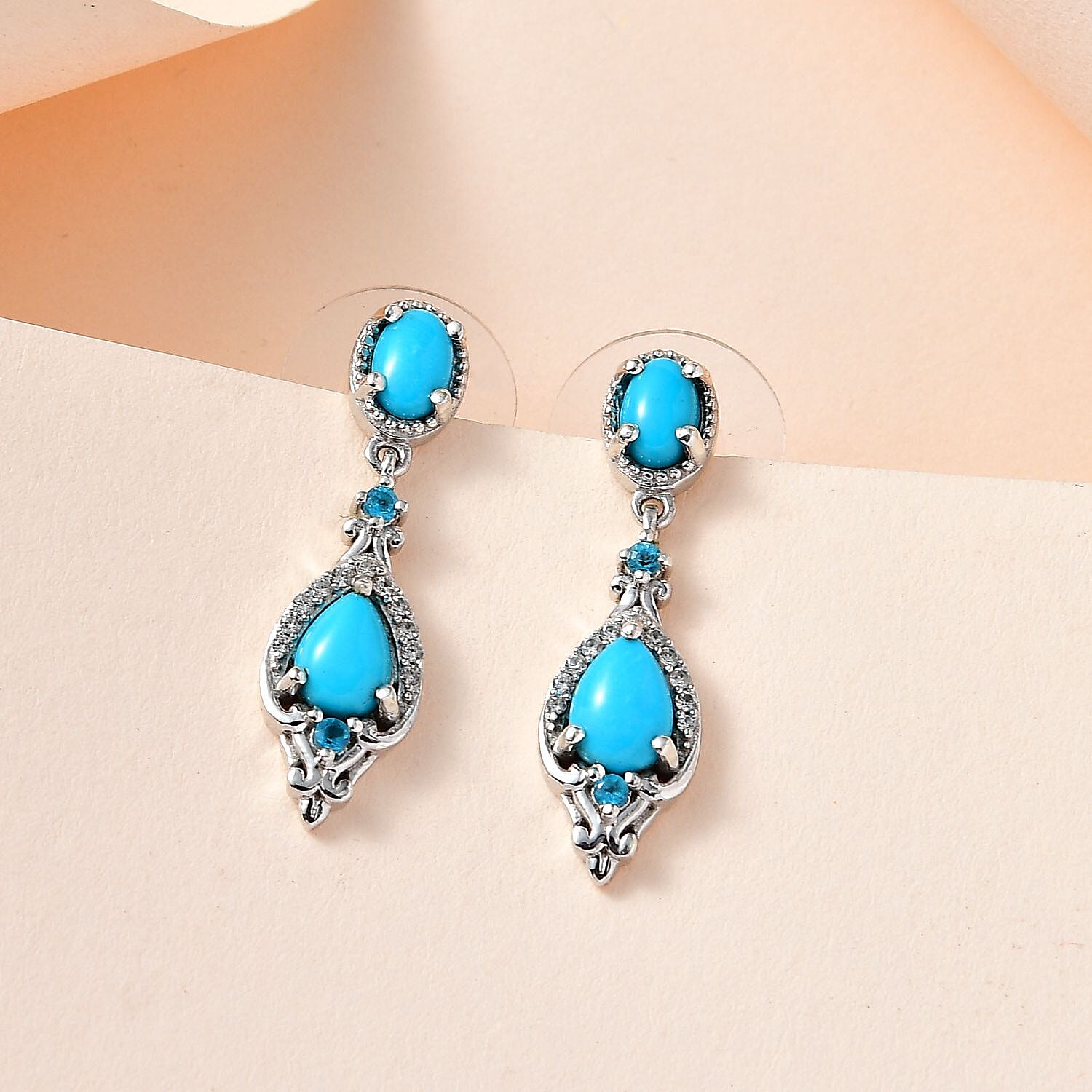 Sleeping Beauty Turquoise and Multi Gemstone Dangle Earrings in Platinum Over Sterling Silver 2.50 ctw