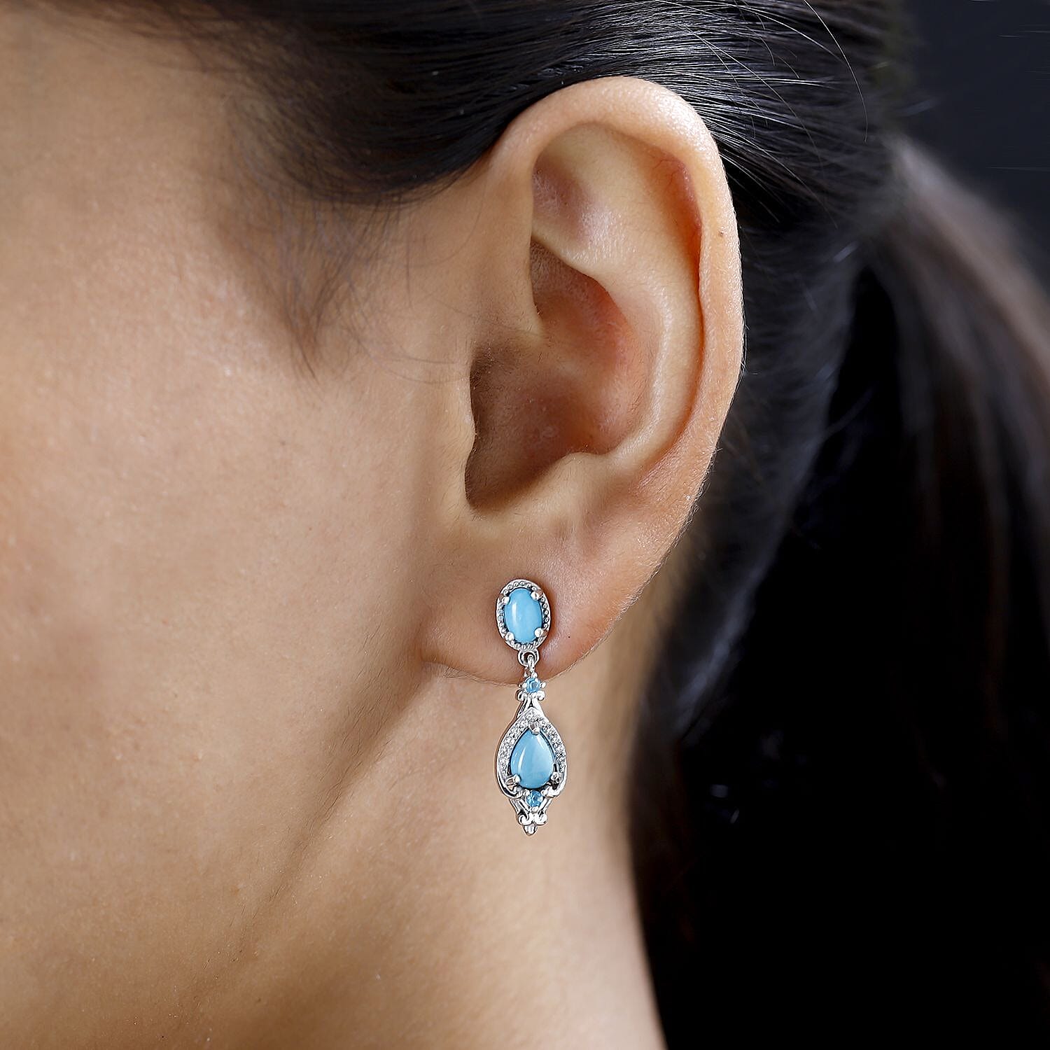 Sleeping Beauty Turquoise and Multi Gemstone Dangle Earrings in Platinum Over Sterling Silver 2.50 ctw