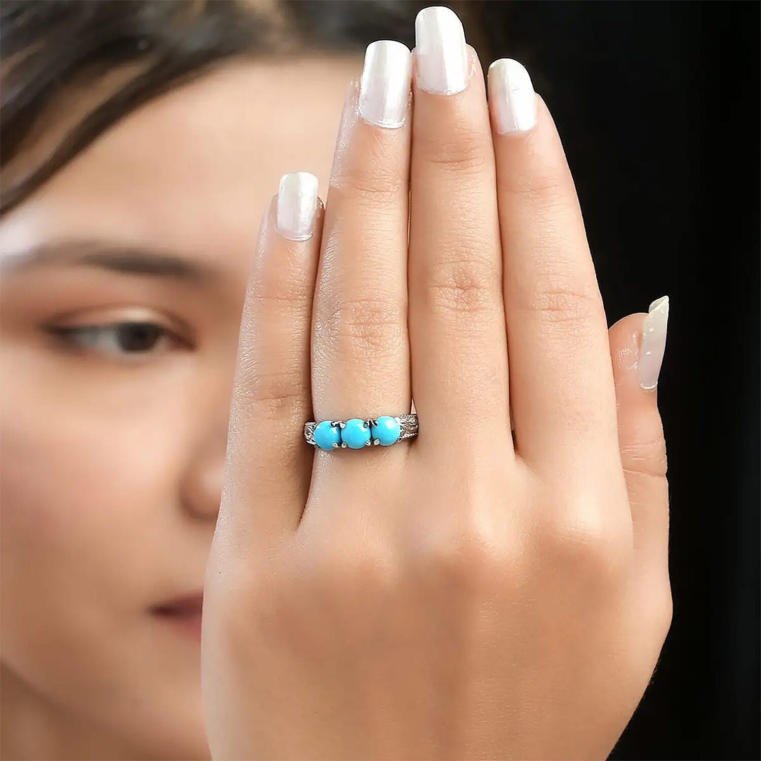 Sleeping Beauty Turquoise 3 Stone Ring in Stainless Steel (Size 10.0) 1.50 ctw
