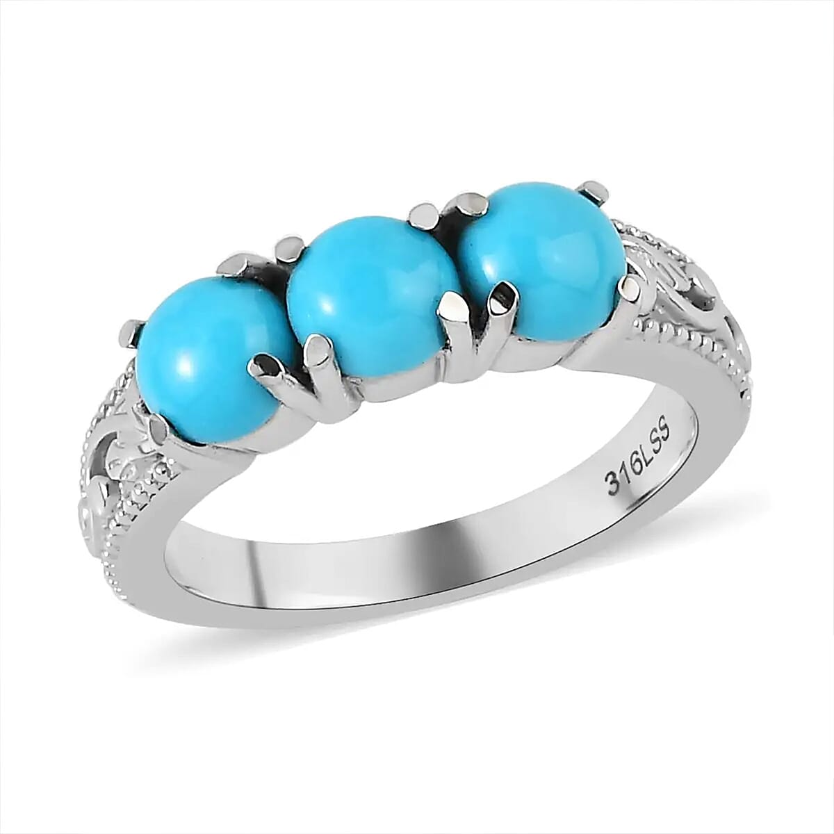 Sleeping Beauty Turquoise 1.50 ctw 3 Stone Ring in Stainless Steel (Size 8.0) image number 0