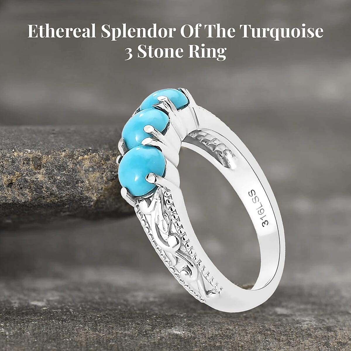 Sleeping Beauty Turquoise 1.50 ctw 3 Stone Ring in Stainless Steel (Size 8.0) image number 2