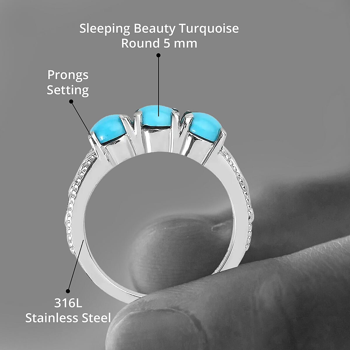 Sleeping Beauty Turquoise 1.50 ctw 3 Stone Ring in Stainless Steel (Size 8.0) image number 4