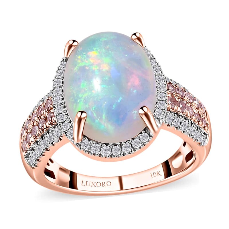 Luxoro 10K Rose Gold AAA Ethiopian Welo Opal, I3 Natural Pink and White Diamond Halo Ring (Size 10.0) 4.65 Grams 4.50 ctw