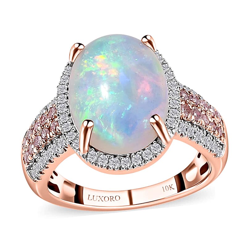 Luxoro 10K Rose Gold AAA Ethiopian Welo Opal, I3 Natural Pink and White Diamond Halo Ring (Size 10.0) 4.65 Grams 4.50 ctw