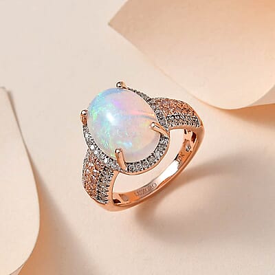 Luxoro 10K Rose Gold AAA Ethiopian Welo Opal, I3 Natural Pink and White Diamond Halo Ring (Size 10.0) 4.65 Grams 4.50 ctw