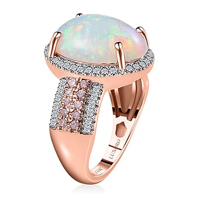 Luxoro 10K Rose Gold AAA Ethiopian Welo Opal, I3 Natural Pink and White Diamond Halo Ring (Size 10.0) 4.65 Grams 4.50 ctw