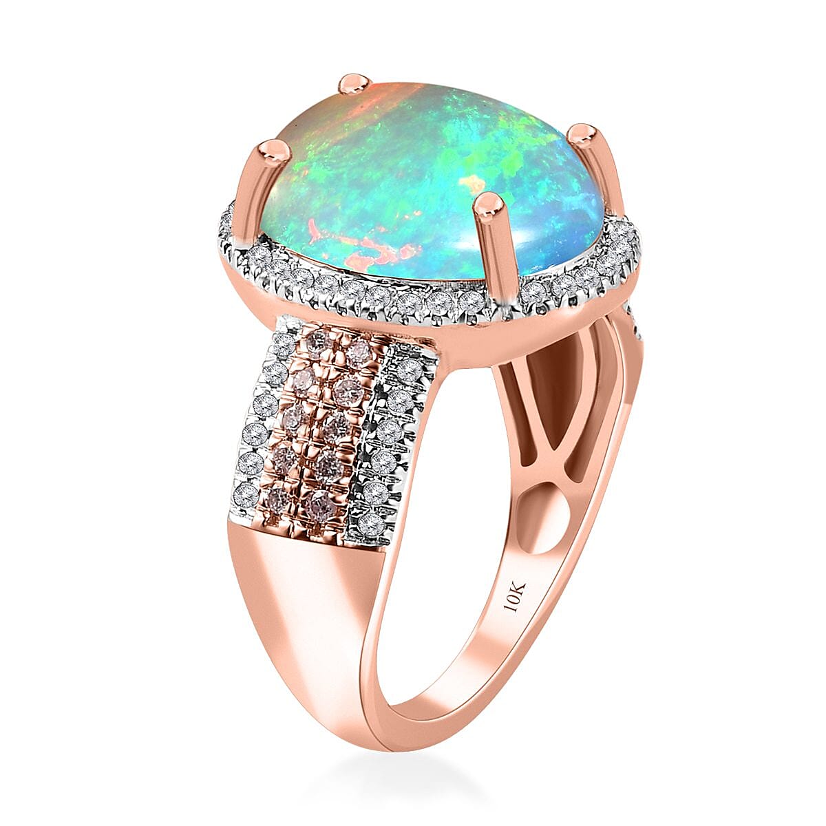 Luxoro 10K Rose Gold AAA Ethiopian Welo Opal, I3 Natural Pink and White Diamond Halo Ring (Size 9.0) 4.65 Grams 4.60 ctw image number 3