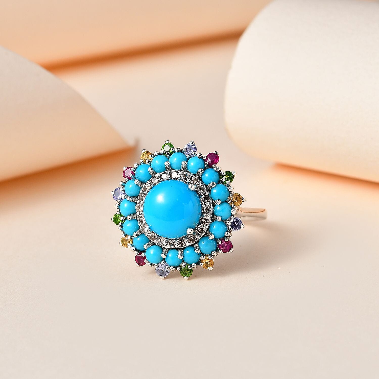 Sleeping Beauty Turquoise and Multi Gemstone Floral Ring in Platinum Over Sterling Silver (Size 10.0) 3.70 ctw