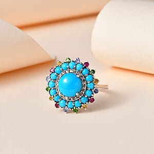 Sleeping Beauty Turquoise and Multi Gemstone Floral Ring in Platinum Over Sterling Silver (Size 10.0) 3.70 ctw