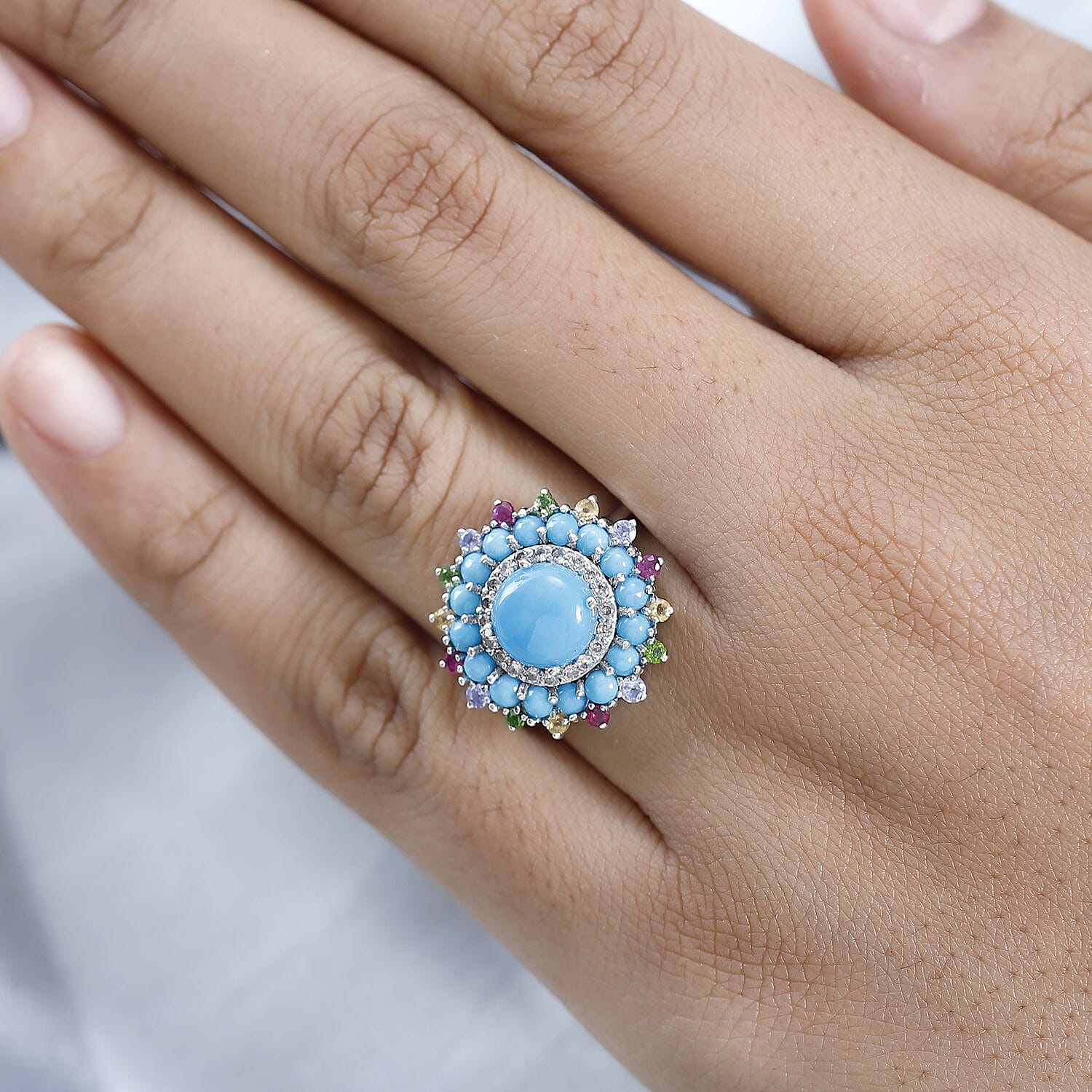 Sleeping Beauty Turquoise and Multi Gemstone Floral Ring in Platinum Over Sterling Silver (Size 10.0) 3.70 ctw