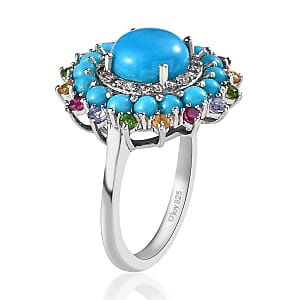 Sleeping Beauty Turquoise and Multi Gemstone Floral Ring in Platinum Over Sterling Silver (Size 10.0) 3.70 ctw