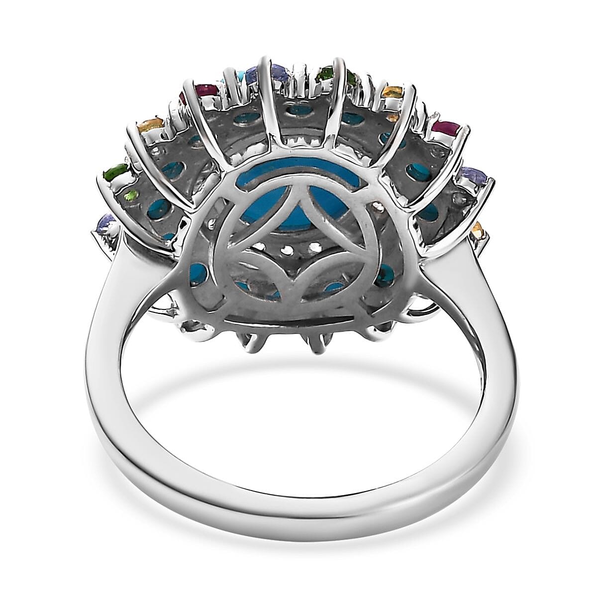 Sleeping Beauty Turquoise and Multi Gemstone Floral Ring in Platinum Over Sterling Silver (Size 10.0) 3.70 ctw