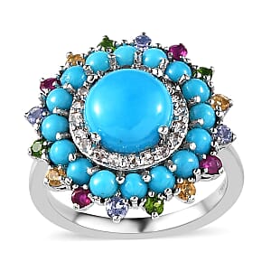 Sleeping Beauty Turquoise and Multi Gemstone Floral Ring in Platinum Over Sterling Silver (Size 6.0) 3.70 ctw