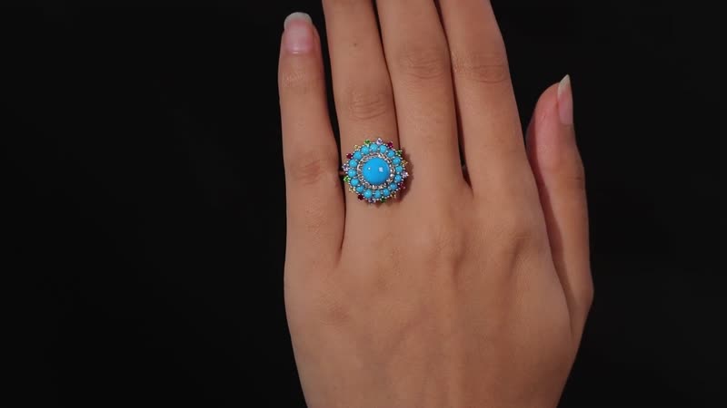 Sleeping Beauty Turquoise, Multi Gemstone Floral Ring in Platinum Over Sterling Silver (Size 10.0) 3.70 ctw