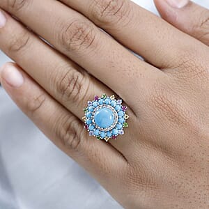 Sleeping Beauty Turquoise and Multi Gemstone Floral Ring in Platinum Over Sterling Silver (Size 6.0) 3.70 ctw